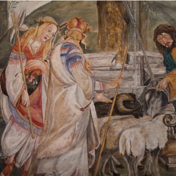 Fresque d'après Botticelli Chapelle Sixtine (détail 'Epreuves et vocation de Moïse') - Dim. 122 x 106 cm