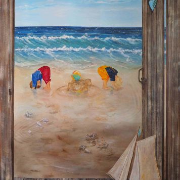 Enfants à la plage - Huile sur toile -  H. 194 cm x L. 114 cm -  (Réservée)